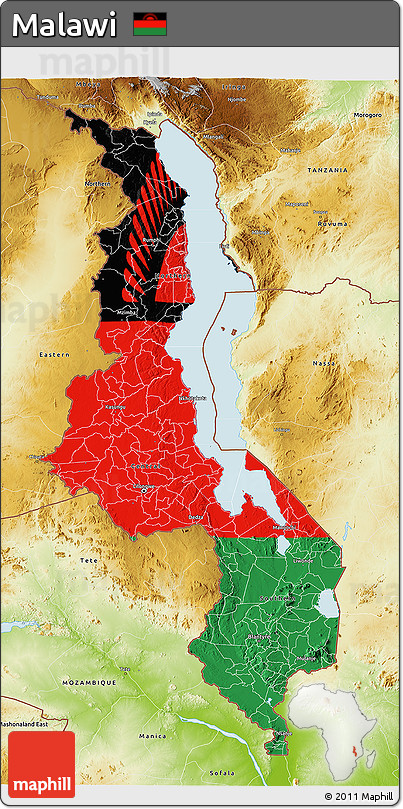Flag 3D Map of Malawi, physical outside
