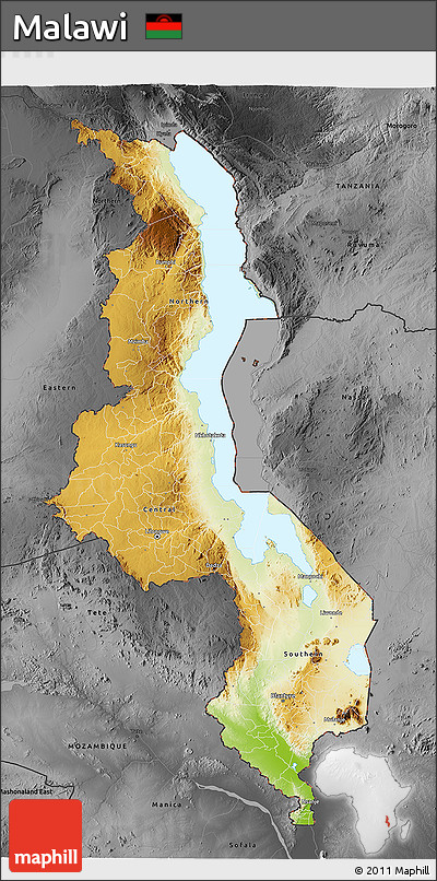 Physical 3D Map of Malawi, darken, desaturated