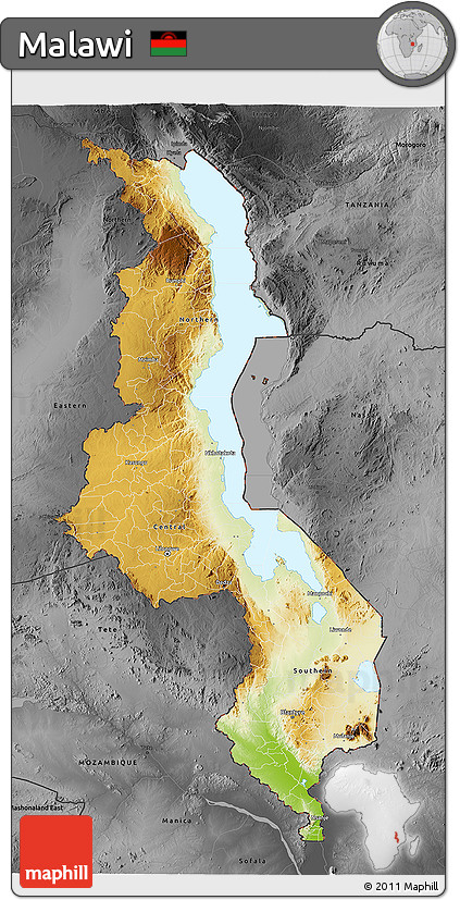 Physical 3D Map of Malawi, darken, desaturated