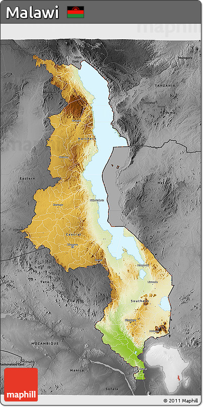 Physical 3D Map of Malawi, darken, desaturated