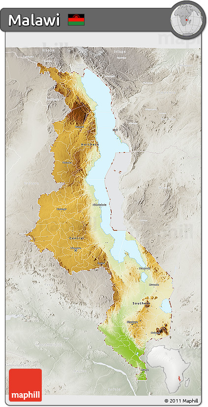 Physical 3D Map of Malawi, lighten, semi-desaturated