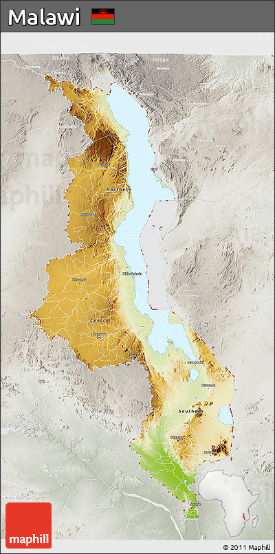 Physical 3D Map of Malawi, lighten, semi-desaturated