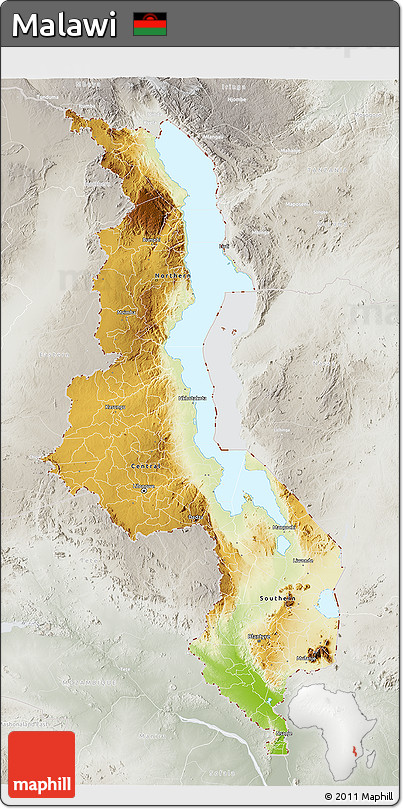 Physical 3D Map of Malawi, lighten, semi-desaturated