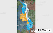 Political 3D Map of Malawi, darken, semi-desaturated