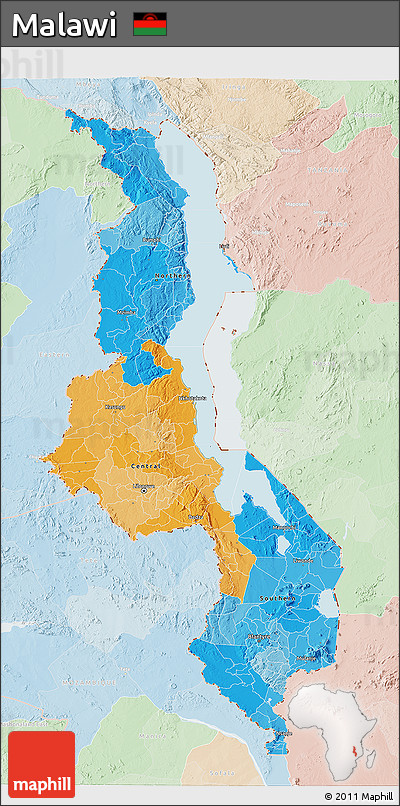 Political 3D Map of Malawi, lighten