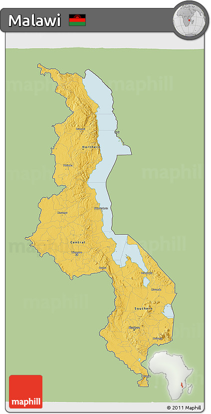 Savanna Style 3D Map of Malawi, single color outside