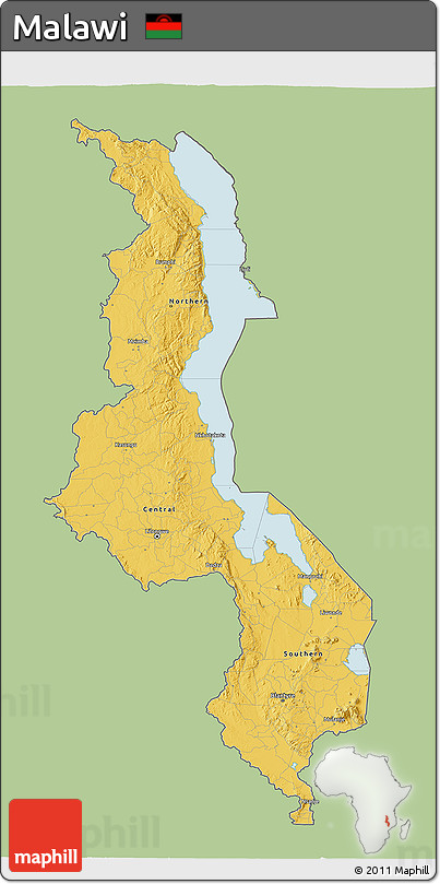 Savanna Style 3D Map of Malawi, single color outside