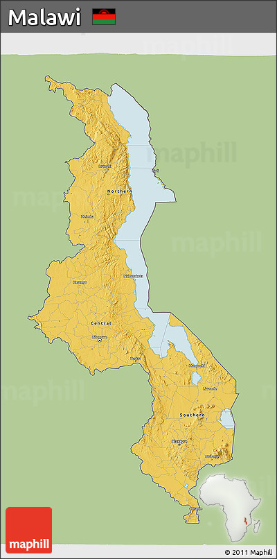 Savanna Style 3D Map of Malawi, single color outside