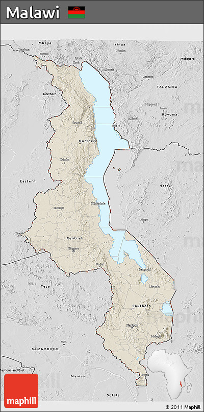 Shaded Relief 3D Map of Malawi, desaturated