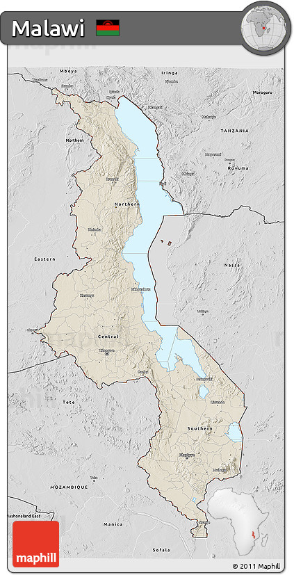 Shaded Relief 3D Map of Malawi, desaturated
