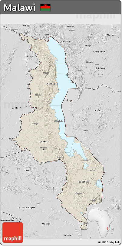 Shaded Relief 3D Map of Malawi, desaturated