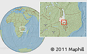 Savanna Style Location Map of Kachindamoto, highlighted grandparent region, within the entire country, hill shading