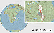 Savanna Style Location Map of Kaluluma, highlighted country, highlighted grandparent region, hill shading