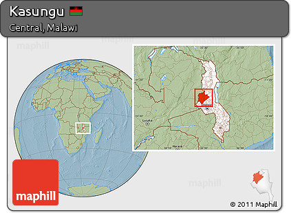 Savanna Style Location Map of Kasungu, highlighted country, hill shading
