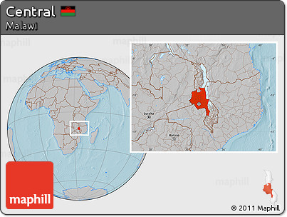 Gray Location Map of Central, within the entire country, hill shading