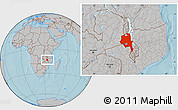 Gray Location Map of Central, within the entire country, hill shading