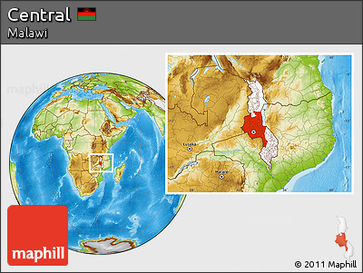 Physical Location Map of Central, highlighted country, within the entire country