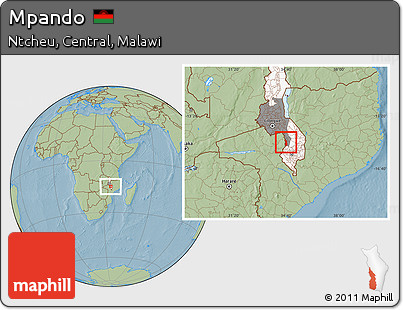 Savanna Style Location Map of Mpando, highlighted country, highlighted grandparent region, hill shading