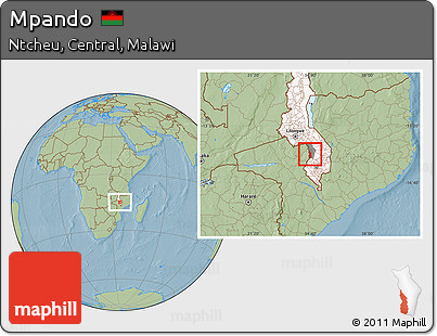 Savanna Style Location Map of Mpando, highlighted country, highlighted parent region, hill shading