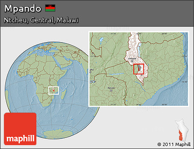 Savanna Style Location Map of Mpando, highlighted country, highlighted parent region, hill shading