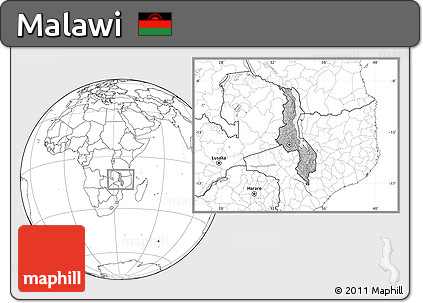 Gray Location Map of Malawi, blank outside, hill shading inside