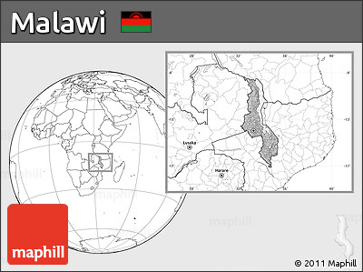 Gray Location Map of Malawi, blank outside, hill shading inside