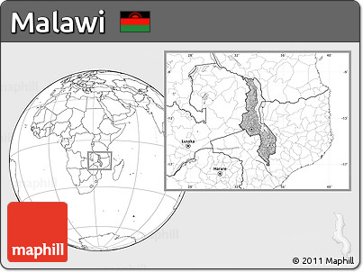 Gray Location Map of Malawi, blank outside, hill shading inside