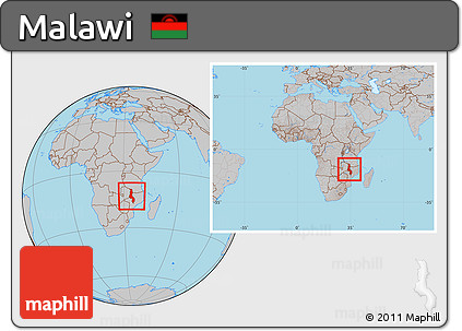 Gray Location Map of Malawi, within the entire continent