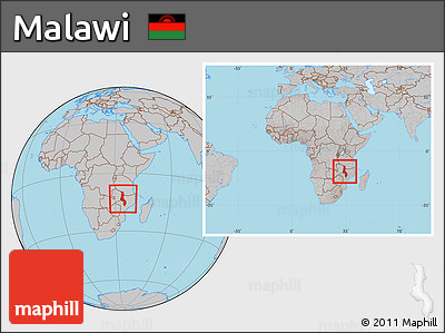 Gray Location Map of Malawi, within the entire continent