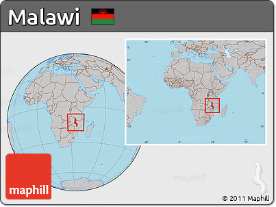 Gray Location Map of Malawi, within the entire continent
