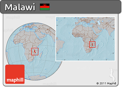 Gray Location Map of Malawi, within the entire continent, hill shading