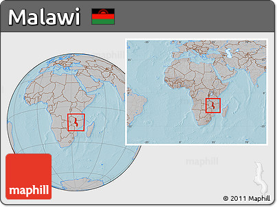 Gray Location Map of Malawi, within the entire continent, hill shading