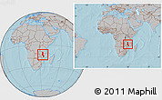 Gray Location Map of Malawi, within the entire continent, hill shading