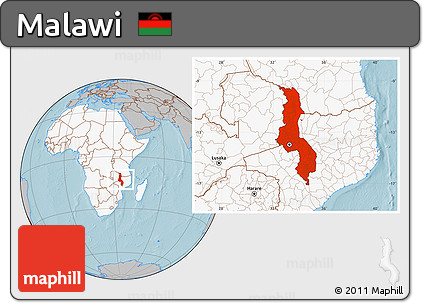 Gray Location Map of Malawi, highlighted continent, hill shading