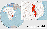 Gray Location Map of Malawi, highlighted continent, hill shading