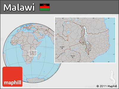 Gray Location Map of Malawi, hill shading inside