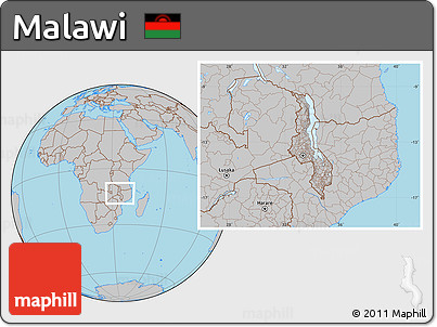 Gray Location Map of Malawi, hill shading inside