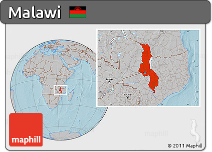 Gray Location Map of Malawi, hill shading