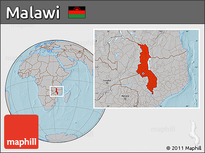 Gray Location Map of Malawi, hill shading
