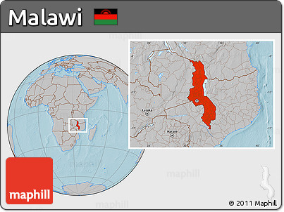 Gray Location Map of Malawi, hill shading