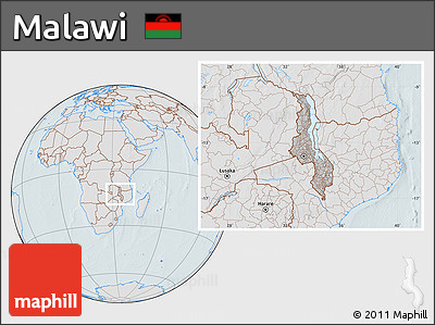 Gray Location Map of Malawi, lighten, hill shading