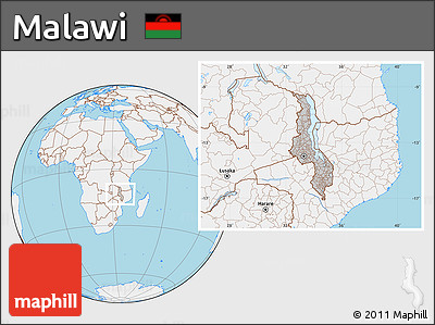 Gray Location Map of Malawi, lighten, land only