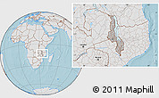 Gray Location Map of Malawi, lighten, land only, hill shading