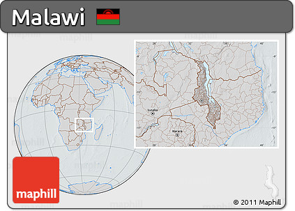 Gray Location Map of Malawi, lighten, semi-desaturated, hill shading