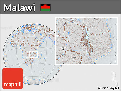 Gray Location Map of Malawi, lighten, semi-desaturated, hill shading