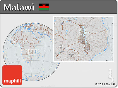 Gray Location Map of Malawi, lighten, semi-desaturated, hill shading