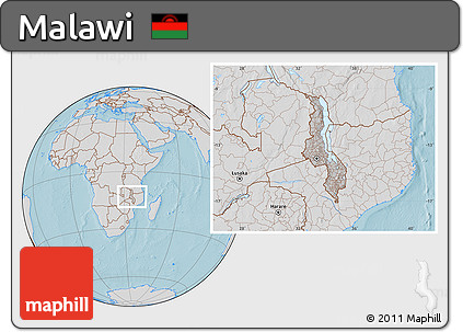 Gray Location Map of Malawi, lighten, semi-desaturated, land only, hill shading