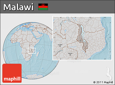 Gray Location Map of Malawi, lighten, semi-desaturated, land only, hill shading