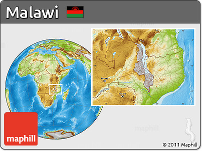 Gray Location Map of Malawi, physical outside, hill shading