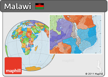 Gray Location Map of Malawi, political outside, hill shading